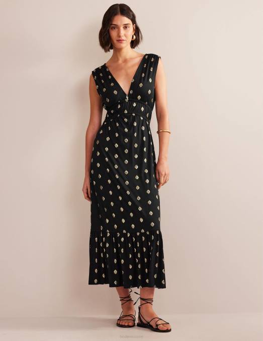 Boden vêtements feuille noire et tranquille femmes robe longue en jersey smocké LB2X1130