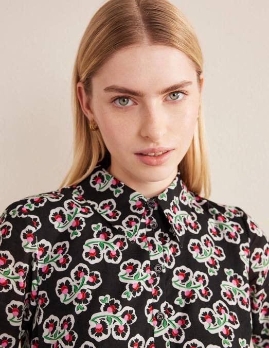 Boden vêtements fleur noire et pétale femmes robe chemise longue en coton à volants LB2X2467