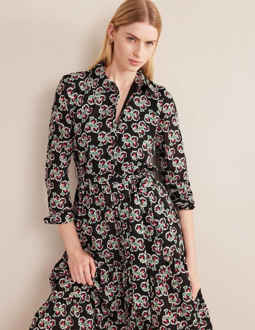 Boden vêtements fleur noire et pétale femmes robe chemise longue en coton à volants LB2X2467