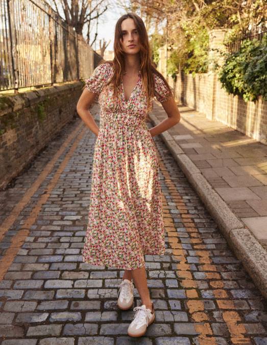 Boden vêtements fleuron multicolore et pictural femmes robe mi-longue en jersey froncé LB2X982