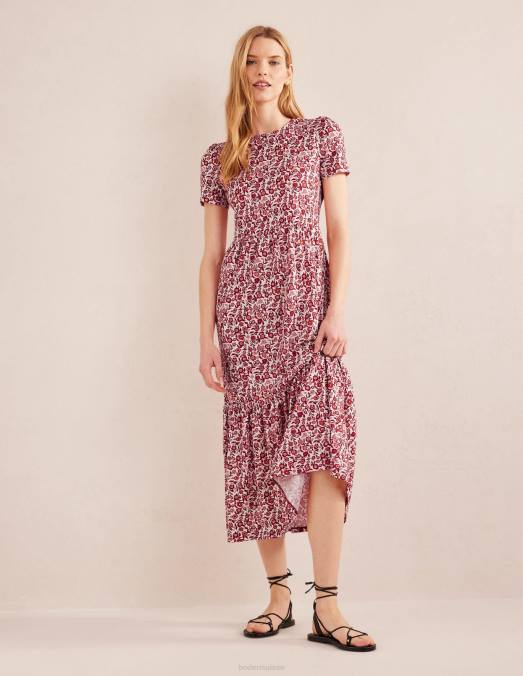Boden vêtements fleurs de poinsettia et de pensée femmes robe midi en jersey facile à volants LB2X2475