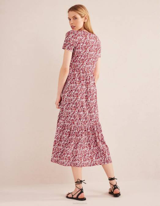 Boden vêtements fleurs de poinsettia et de pensée femmes robe midi en jersey facile à volants LB2X2475