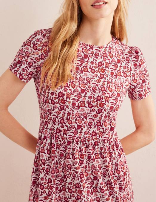 Boden vêtements fleurs de poinsettia et de pensée femmes robe midi en jersey facile à volants LB2X2475