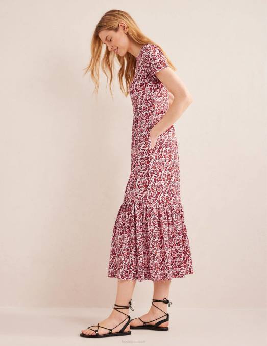 Boden vêtements fleurs de poinsettia et de pensée femmes robe midi en jersey facile à volants LB2X2475