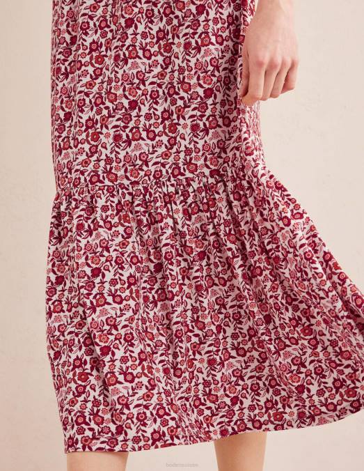 Boden vêtements fleurs de poinsettia et de pensée femmes robe midi en jersey facile à volants LB2X2475