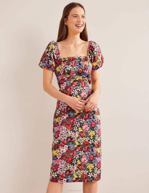 Boden vêtements floraison multi & moirée femmes robe mi-longue colonne à manches bouffantes LB2X1393