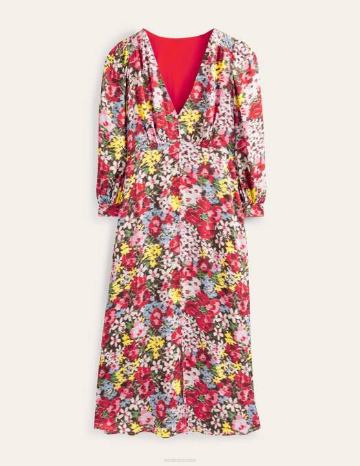 Boden vêtements floraison multi & moirée femmes robe thé en satin à boutons LB2X1257