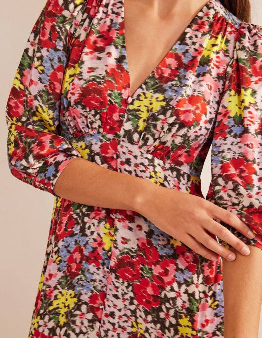Boden vêtements floraison multi & moirée femmes robe thé en satin à boutons LB2X1257
