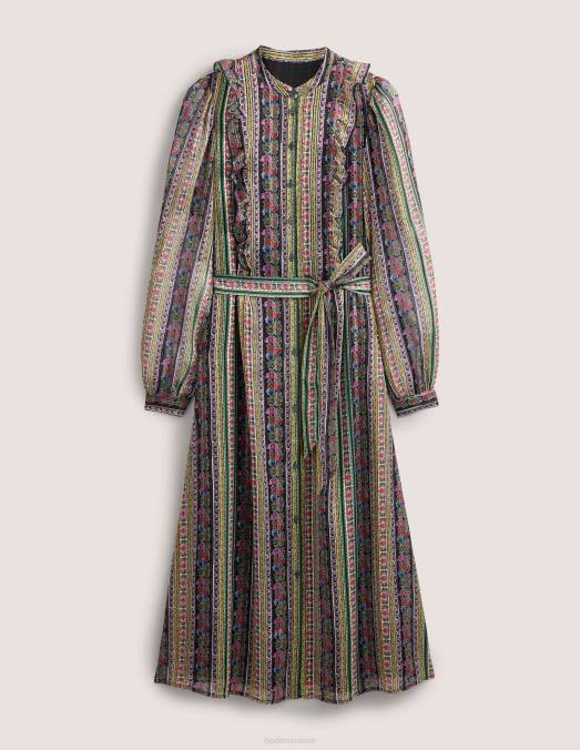 Boden vêtements floraison multiple et œillet femmes robe midi métallisée à volants LB2X2065