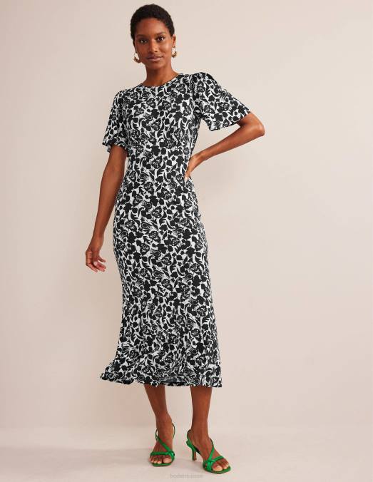 Boden vêtements floraison noire et tulipe femmes robe mi-longue en jersey LB2X49