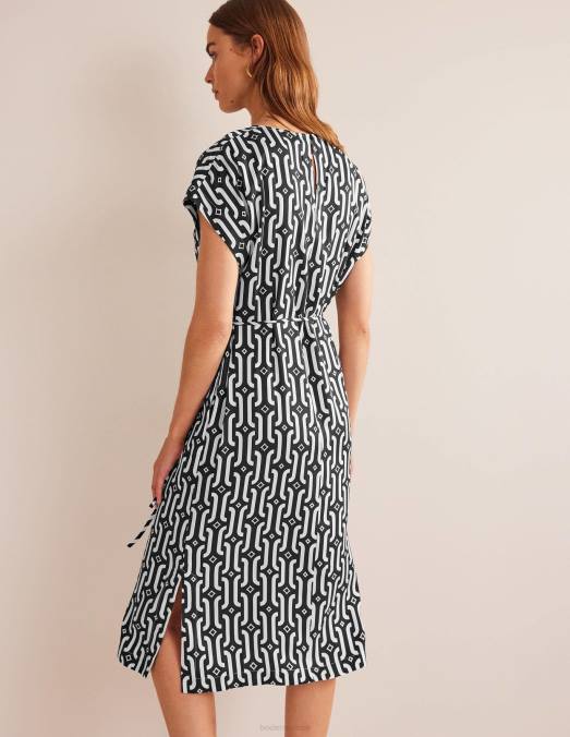 Boden vêtements géo noir et azur femmes robe mi-longue colonne à manches courtes LB2X77
