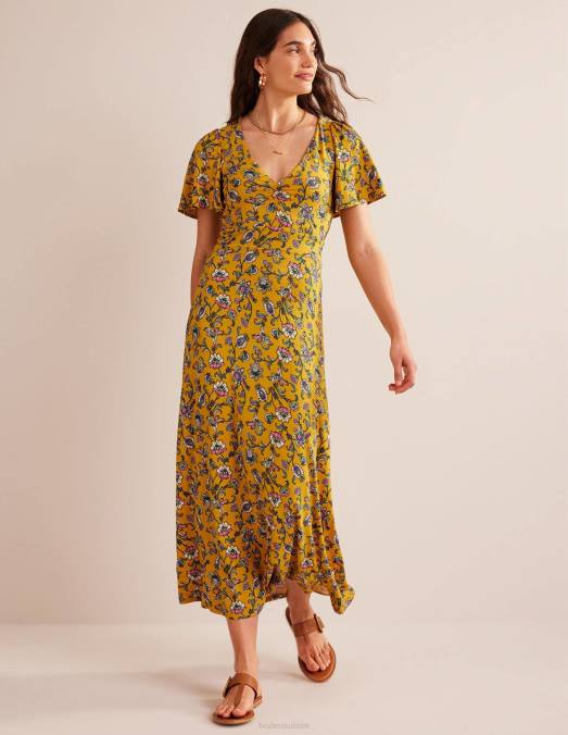 Boden vêtements graines de moutarde et automne des prés femmes robe midi en jersey à col V LB2X11