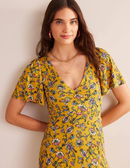Boden vêtements graines de moutarde et automne des prés femmes robe midi en jersey à col V LB2X11
