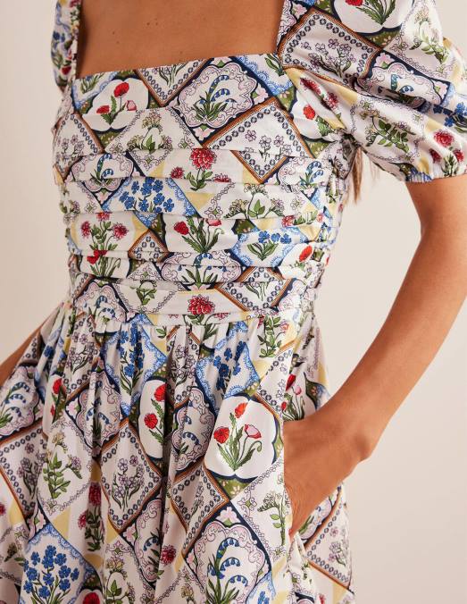 Boden vêtements ivoire et jacinthe sauvage femmes robe midi à corsage froncé LB2X2234