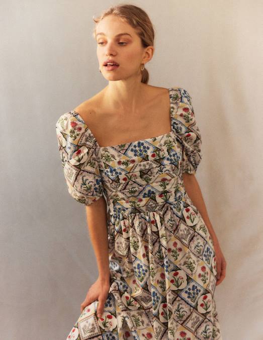 Boden vêtements ivoire et jacinthe sauvage femmes robe midi à corsage froncé LB2X2234