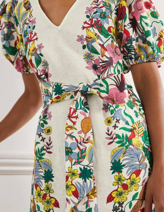 Boden vêtements ivoire et paradis exotique femmes robe mi-longue en lin à manches bouffantes LB2X2408