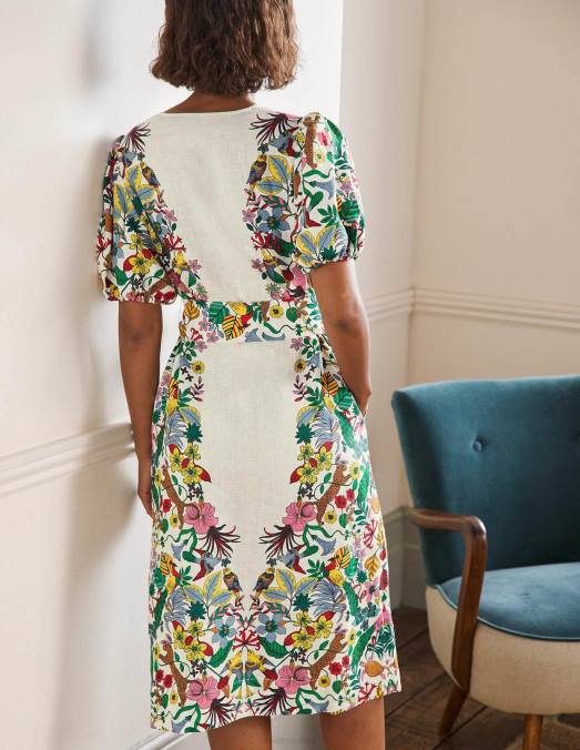 Boden vêtements ivoire et paradis exotique femmes robe mi-longue en lin à manches bouffantes LB2X2408