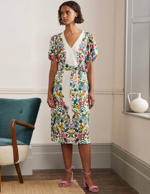 Boden vêtements ivoire et paradis exotique femmes robe mi-longue en lin à manches bouffantes LB2X2408