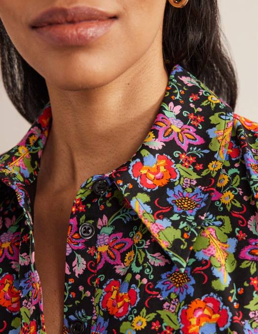 Boden vêtements jardin noir et œillets femmes robe chemise courte en coton à volants LB2X1172