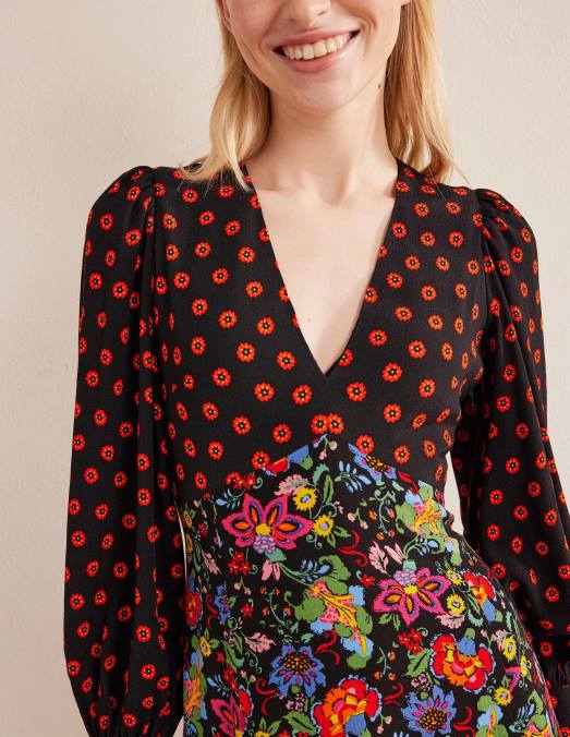 Boden vêtements jardin noir et œillets femmes robe longue à manches blousantes LB2X1088