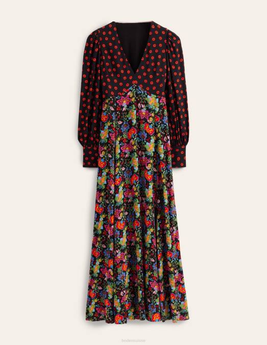 Boden vêtements jardin noir et œillets femmes robe longue à manches blousantes LB2X1088