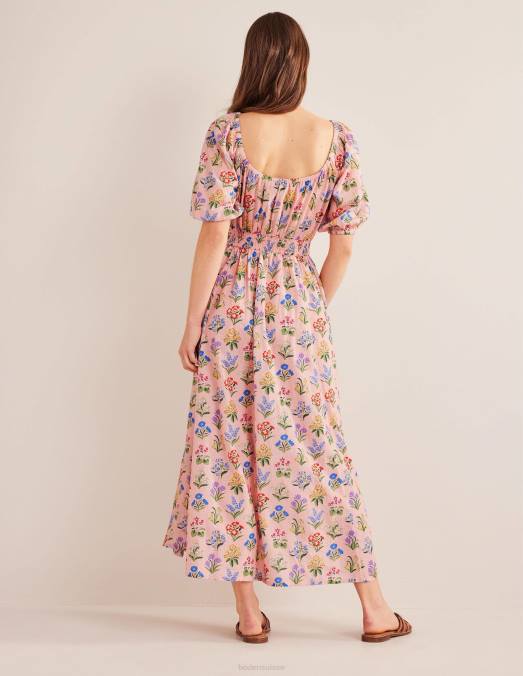 Boden vêtements jardin rose poussiéreux et printanier femmes robe mi-longue à encolure dégagée LB2X1384
