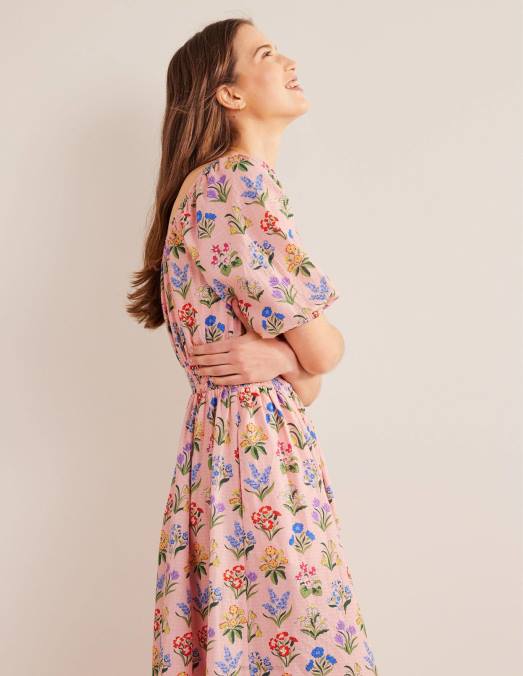 Boden vêtements jardin rose poussiéreux et printanier femmes robe mi-longue à encolure dégagée LB2X1384