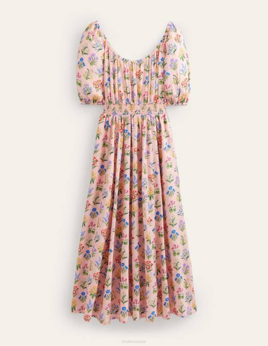 Boden vêtements jardin rose poussiéreux et printanier femmes robe mi-longue à encolure dégagée LB2X1384