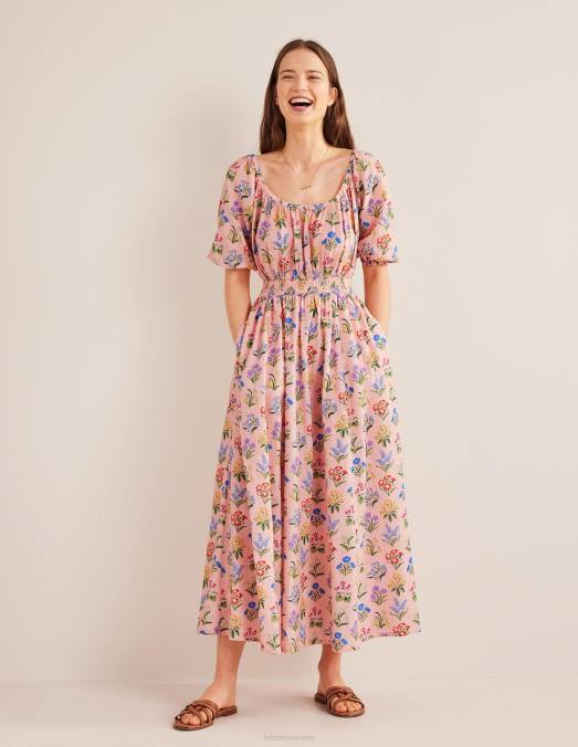 Boden vêtements jardin rose poussiéreux et printanier femmes robe mi-longue à encolure dégagée LB2X1384