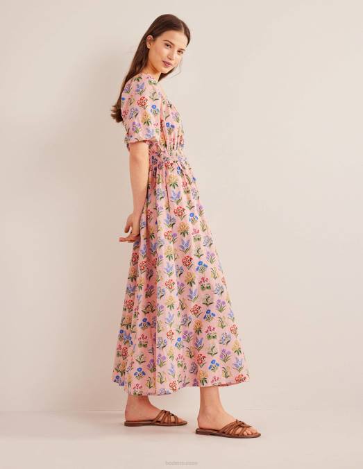 Boden vêtements jardin rose poussiéreux et printanier femmes robe mi-longue à encolure dégagée LB2X1384