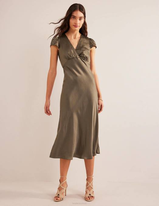 Boden vêtements kaki femmes robe empire mi-longue en satin LB2X1011