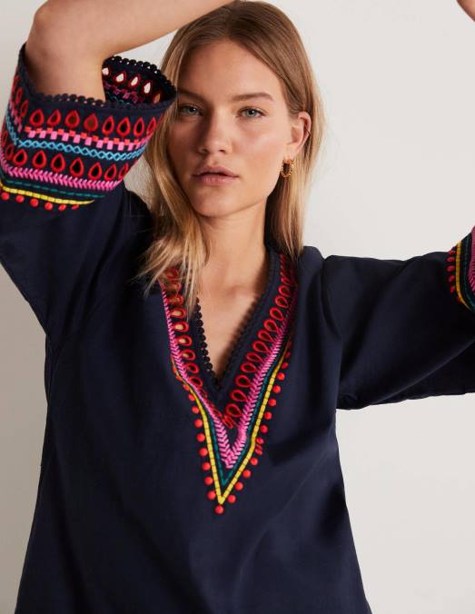 Boden vêtements marine femmes robe caftan brodée LB2X1890