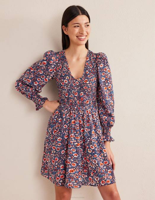 Boden vêtements marine française et eden bloom femmes robe courte à corsage smocké LB2X1371