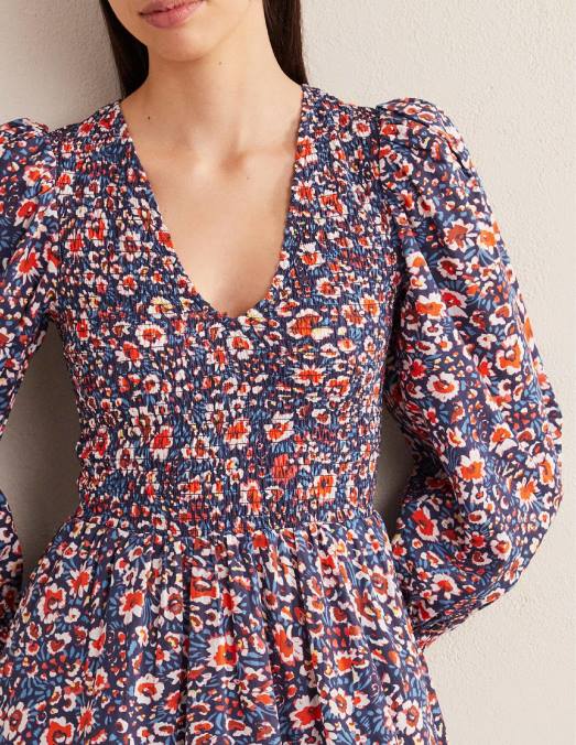 Boden vêtements marine française et eden bloom femmes robe courte à corsage smocké LB2X1371