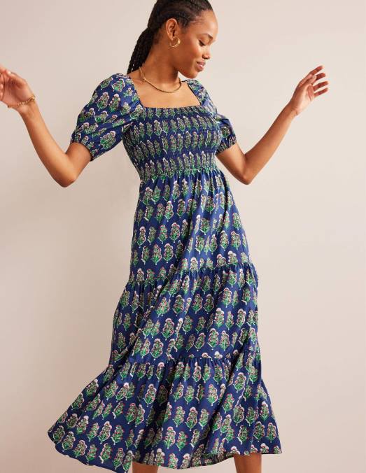 Boden vêtements marine française et floraison artisanale femmes robe longue à corsage smocké LB2X69