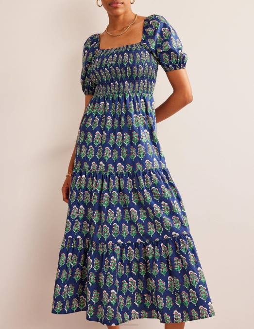 Boden vêtements marine française et floraison artisanale femmes robe longue à corsage smocké LB2X69