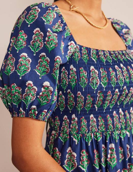 Boden vêtements marine française et floraison artisanale femmes robe longue à corsage smocké LB2X69