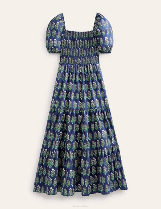 Boden vêtements marine française et floraison artisanale femmes robe longue à corsage smocké LB2X69