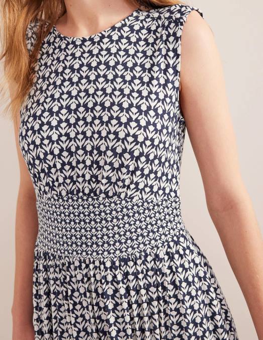 Boden vêtements marine française et pop tulipe femmes robe mi-longue en jersey à détail de taille LB2X1017