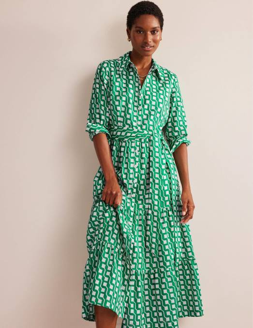 Boden vêtements émeraude brillante et géo cube femmes robe chemise longue en coton à volants LB2X20