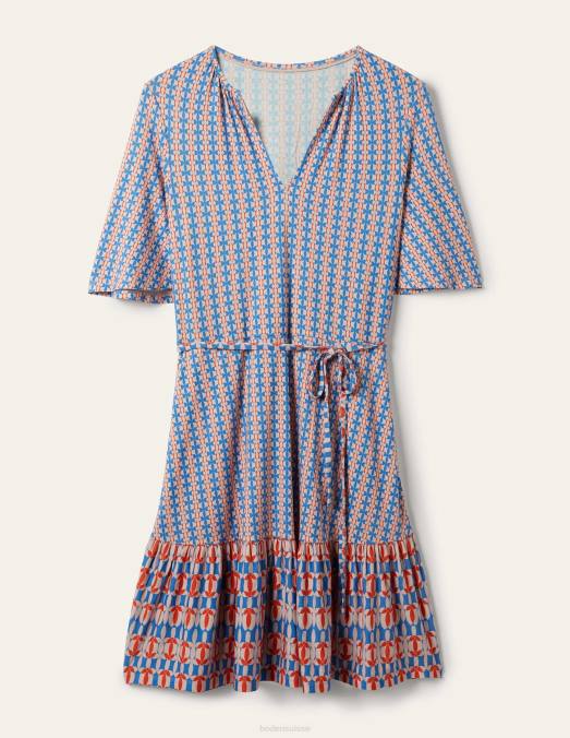 Boden vêtements mosaïque bleu & pétale géo femmes robe en jersey à volants et col cranté LB2X2102