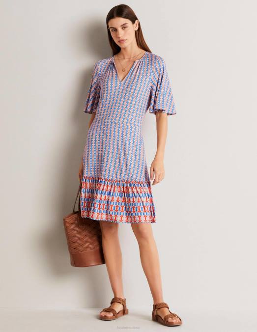 Boden vêtements mosaïque bleu & pétale géo femmes robe en jersey à volants et col cranté LB2X2102