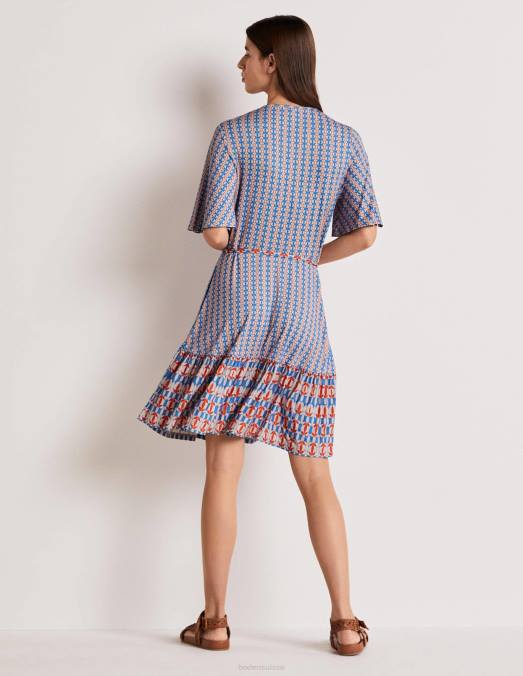 Boden vêtements mosaïque bleu & pétale géo femmes robe en jersey à volants et col cranté LB2X2102