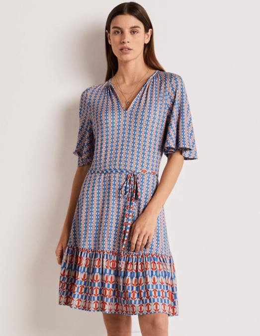 Boden vêtements mosaïque bleu & pétale géo femmes robe en jersey à volants et col cranté LB2X2102