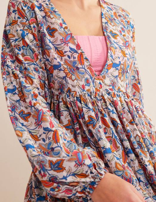 Boden vêtements nébuleuses bleues et vigne cachemire femmes robe de plage décontractée à volants LB2X1730