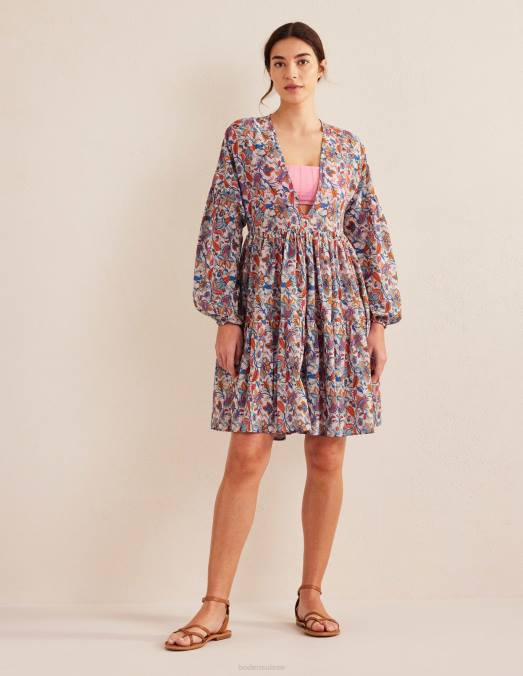 Boden vêtements nébuleuses bleues et vigne cachemire femmes robe de plage décontractée à volants LB2X1730