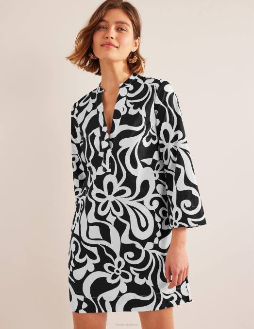 Boden vêtements noir et fleuri azur femmes robe droite courte à col cranté LB2X2147