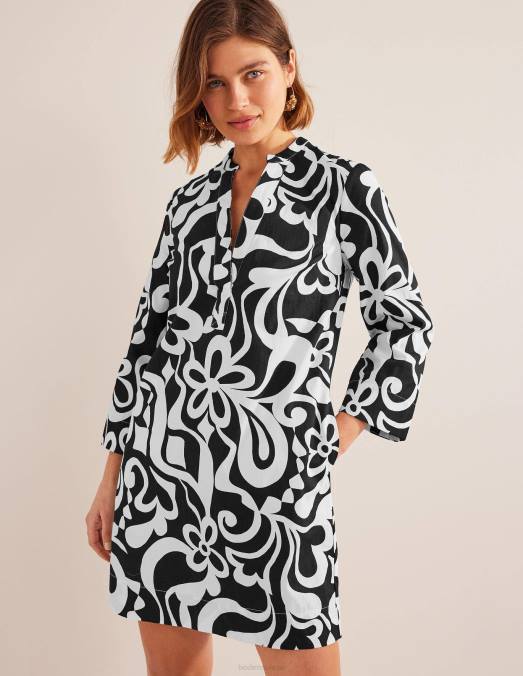 Boden vêtements noir et fleuri azur femmes robe droite courte à col cranté LB2X2147