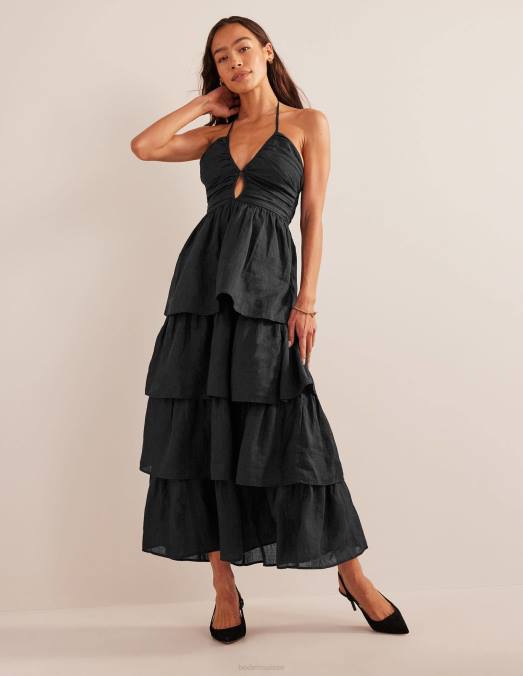 Boden vêtements noir femmes robe longue froncée à volants LB2X984