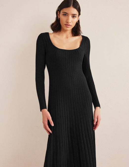Boden vêtements noir femmes robe mi-longue en maille à encolure dégagée LB2X1613